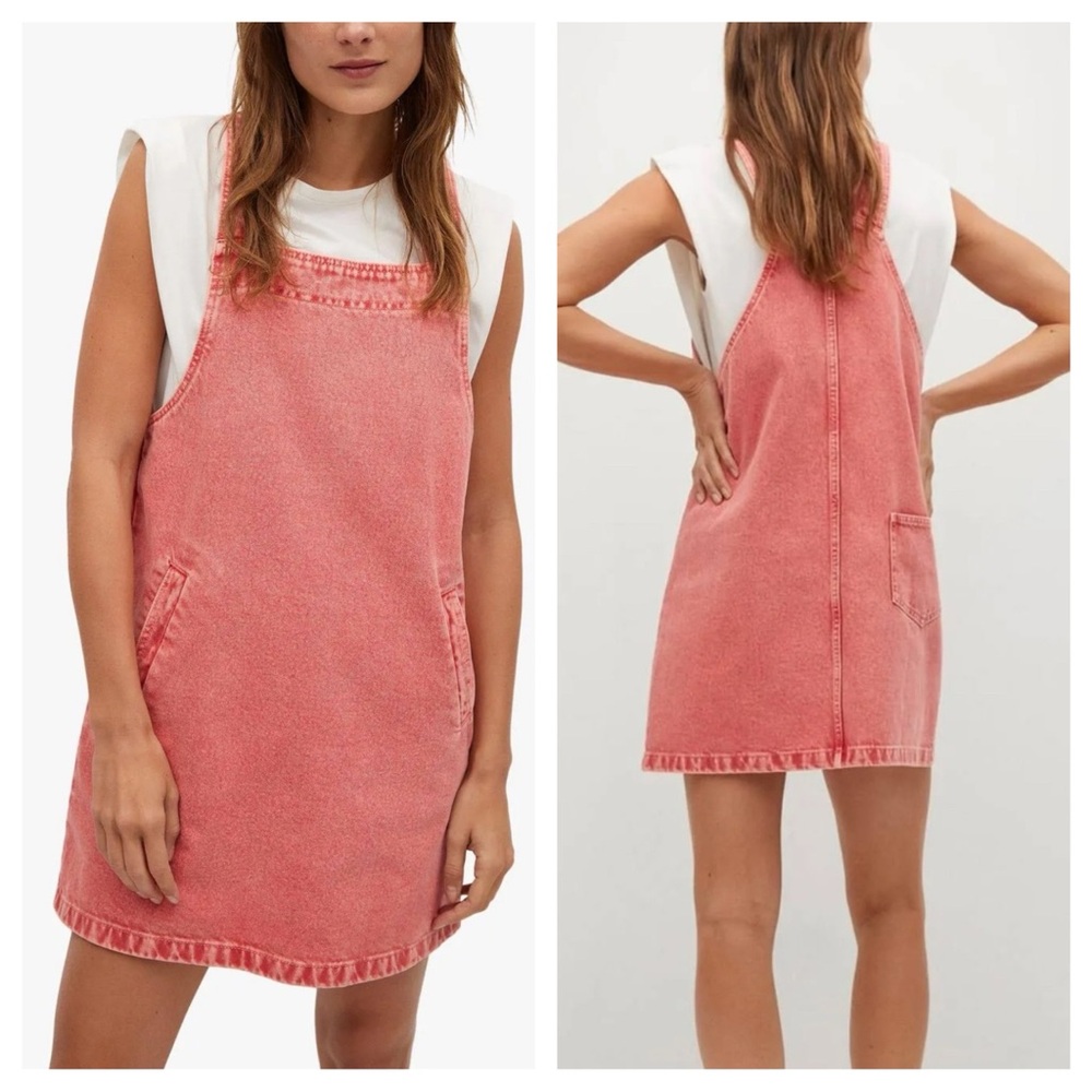 Mango Pocket Denim Pinafore Dress Faded Red/Pink Sz 2 Soft Girl Vibes Y2K‎ Era